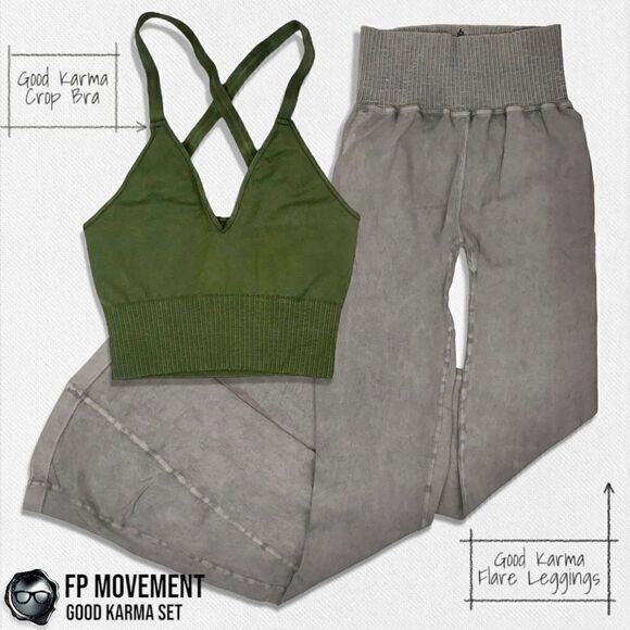FP MOVEMENT GOOD KARMA SET: CROP TANK BRA + FLARE LEGGINGS IN MUSHROOM & GREEN - Picture 2 of 15